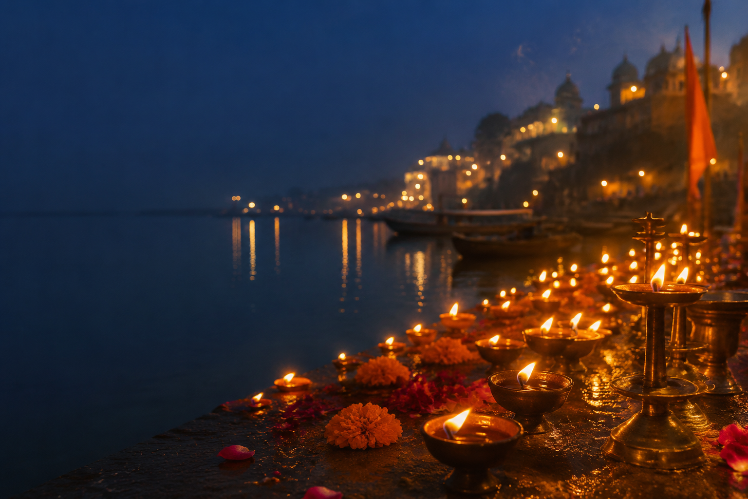 Diyas on a Prayagraj riverbank at dusk